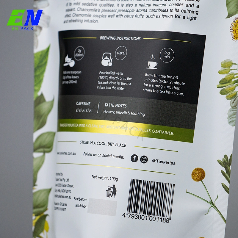 Eco-Friendly Digital Printing 200g Gold Color Tea Packing Resealable Stand up Bag